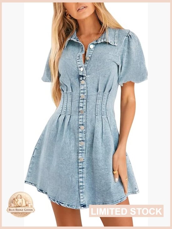 Dresses & Skirts - Puff Sleeve Denim Dress Slim Fit Casual Summer Mini A-Line Collared